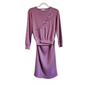 Vintage wool sweater pleated skirt 2 piece set size S M purple floral embroidery